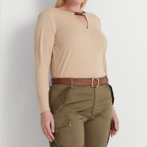 NWT Women Lauren Ralph Lauren Classic Beige Chain-Trim Stretch Jersey Top Sz 3X